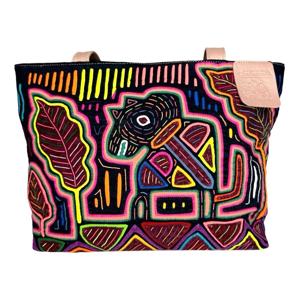 Arte Kuna Colombia Leather Shoulder Bag - Mola Design, Lined, Multiple Pockets